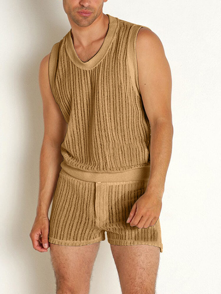 Men's Casual Solid-Color Racerback Tank Top and Shorts Set