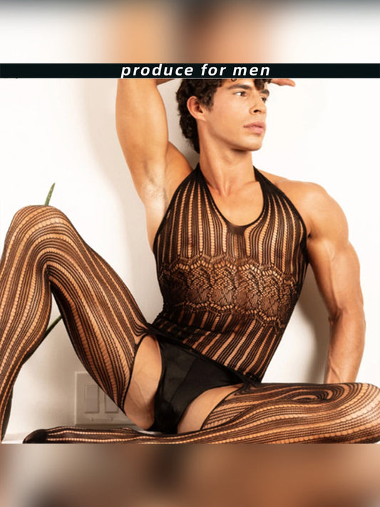 Men's Transparent Elastic Pantyhose Bodysuit - Black