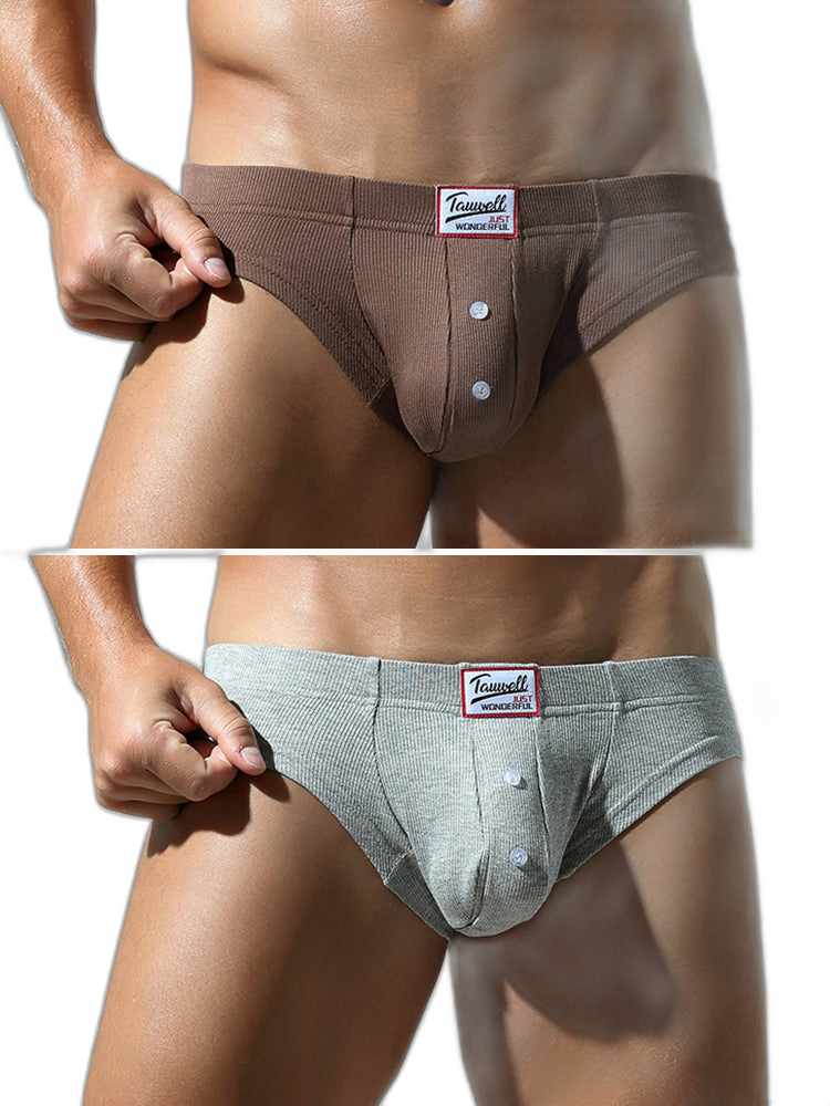 2 Pack Men's Ribbed Briefs with Decorative Button and Contour U-Pouch
