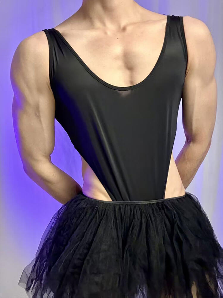 Men's Sexy Solid-Color Backless Bodysuit Tutu Skirt Set