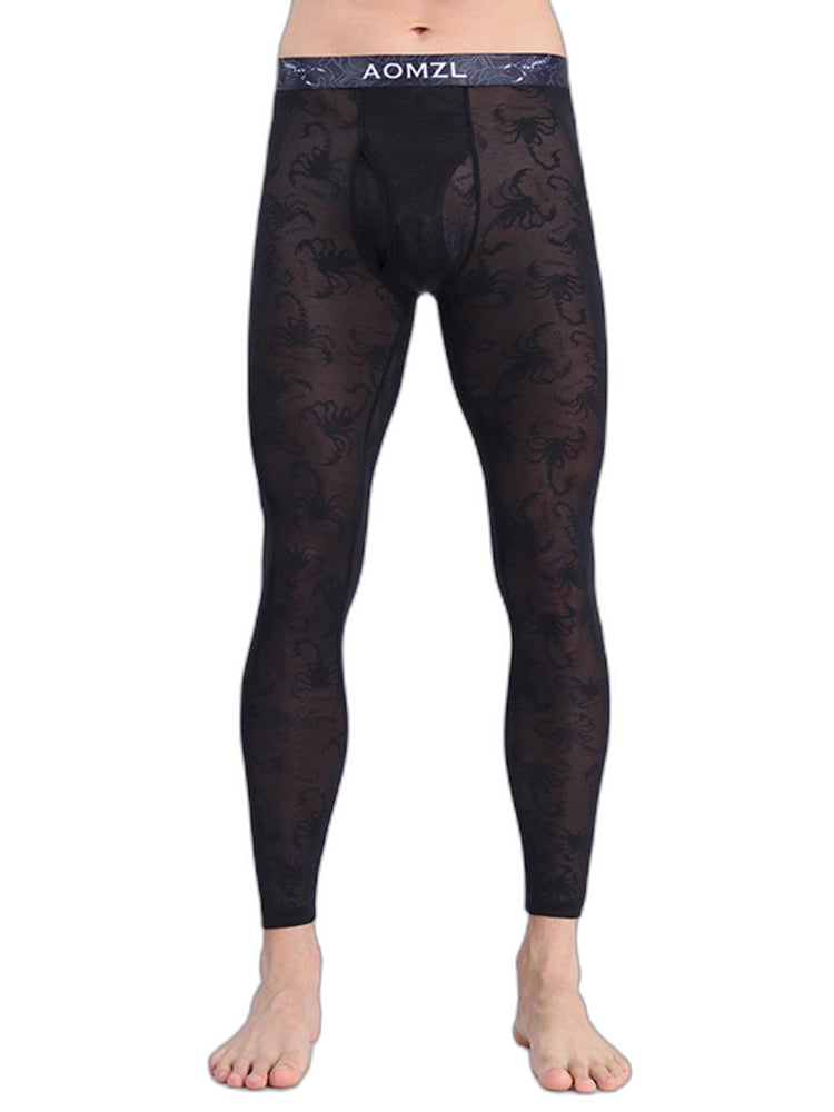 Men's Sexy Transparent Ice Silk Jacquard Seamless Tights Warm Pants
