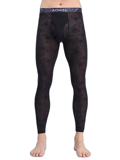 Men's Sexy Transparent Ice Silk Jacquard Seamless Tights Warm Pants