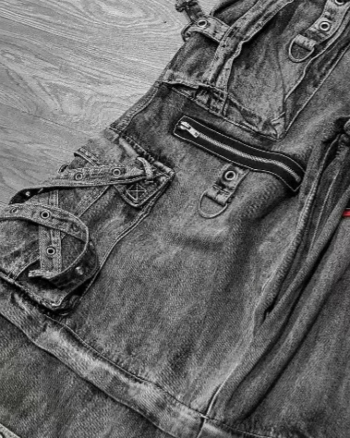 Denim Cargo Pants with Multiple Straps and Zippers