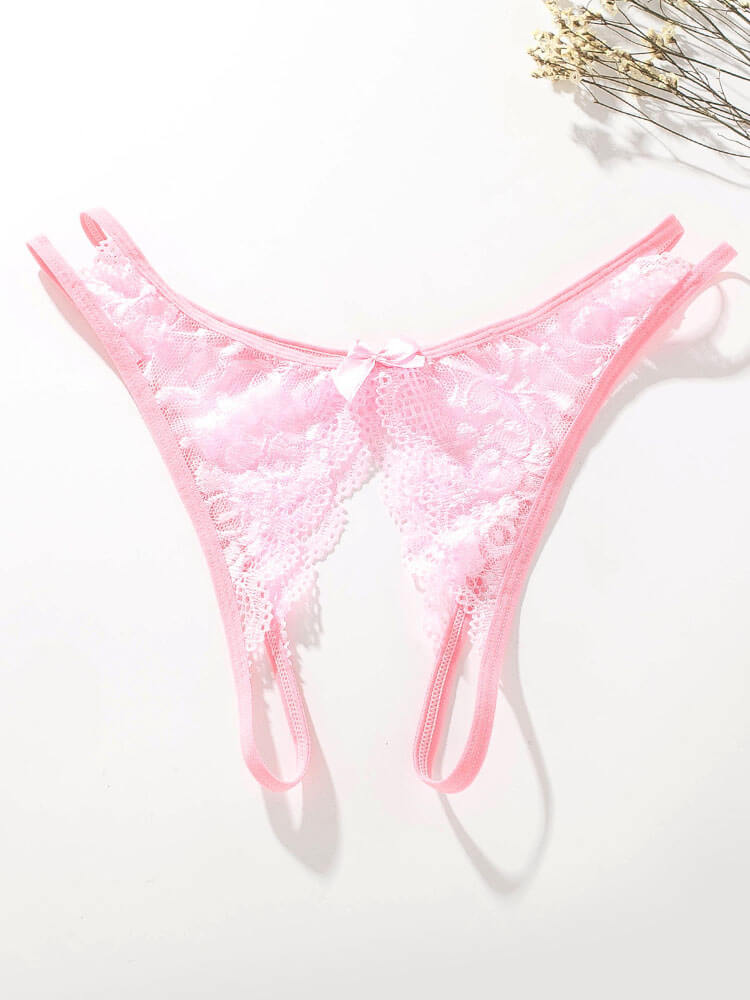Sexy See-Through Bow Lace Open-Crotch Thong