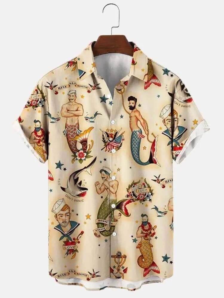 Men's Retro Mermaid Sailor Print Top and Pants 