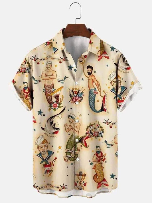 Men's Retro Mermaid Sailor Print Top and Pants 