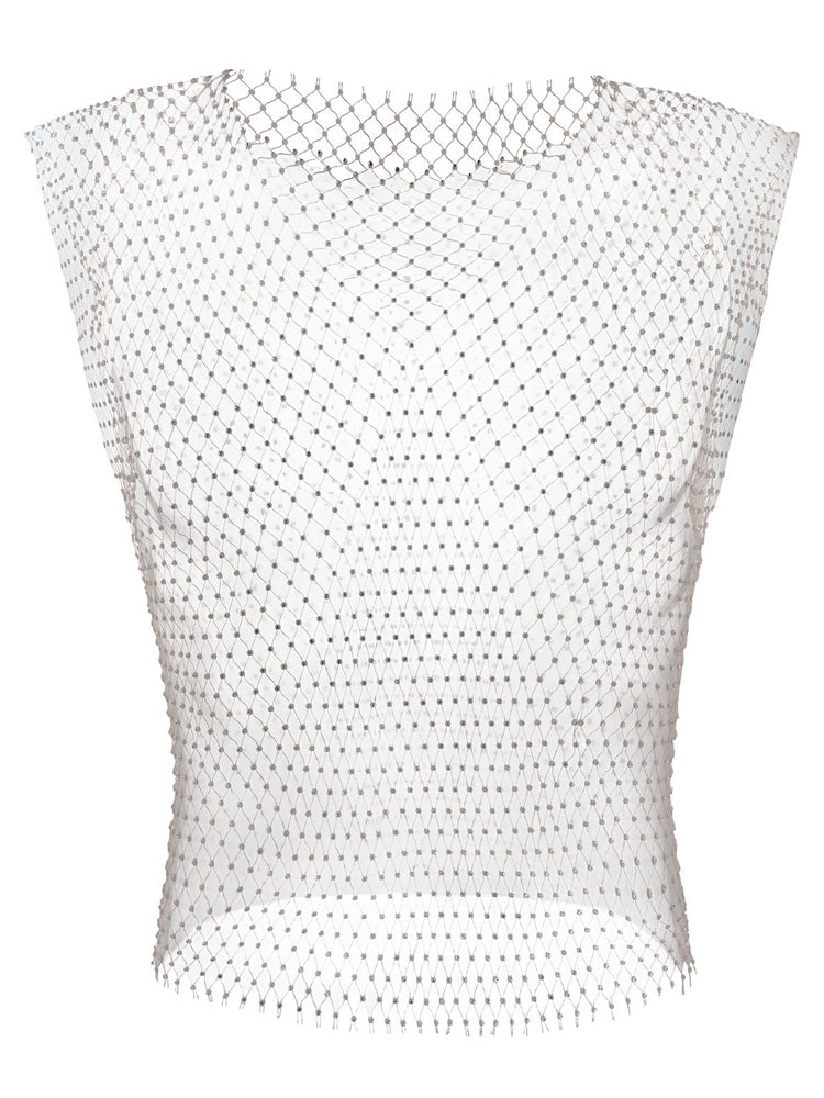 Men's Rhinestone See Through Fishing Net Cutout Nylon Vest Shorts Two Piece Set - Orange