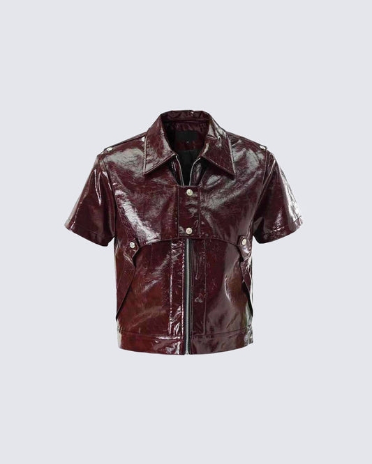 KIIKIO Gothic Glossy PU Cropped Zipper Shirt