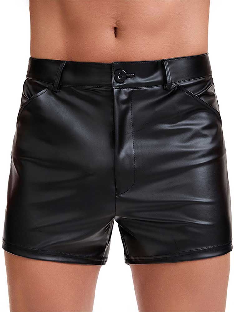 Men's Button-Waist Matte PU Leather Casual Shorts
