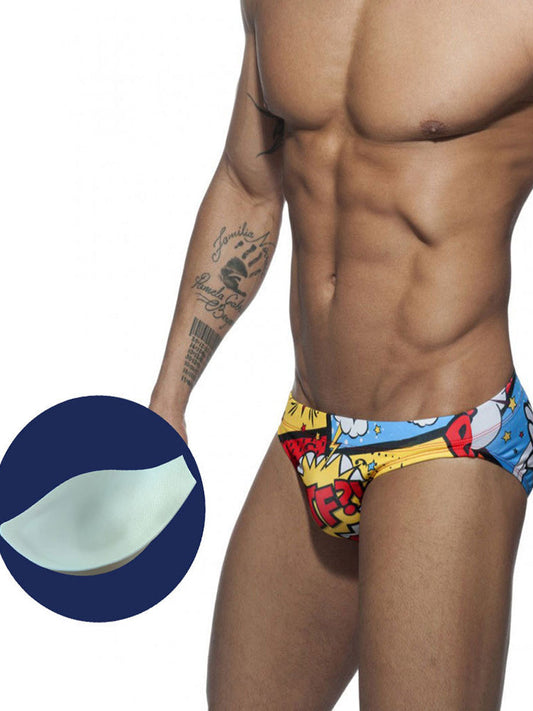 Men's Fun Cartoon Print Swim Briefs With Cups