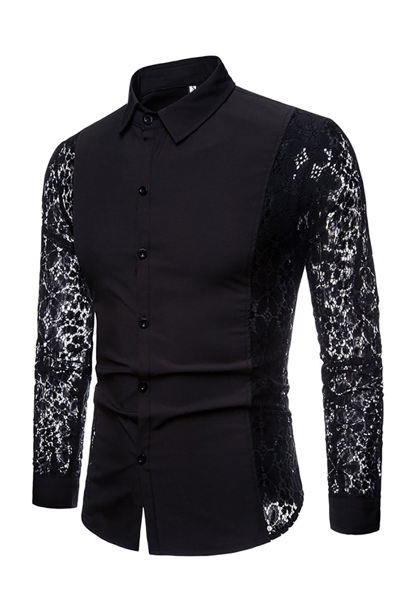 See Through Lace Stitching Knit Button Turndown Collar Long Sleeve Casual Shirt