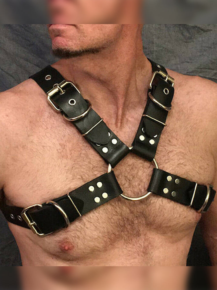 Men's Adjustable Leather Body Strap Harness - Black