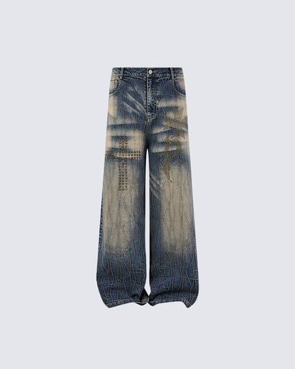 New Vintage Y2K Washed Cross Star Rhinestone Jeans