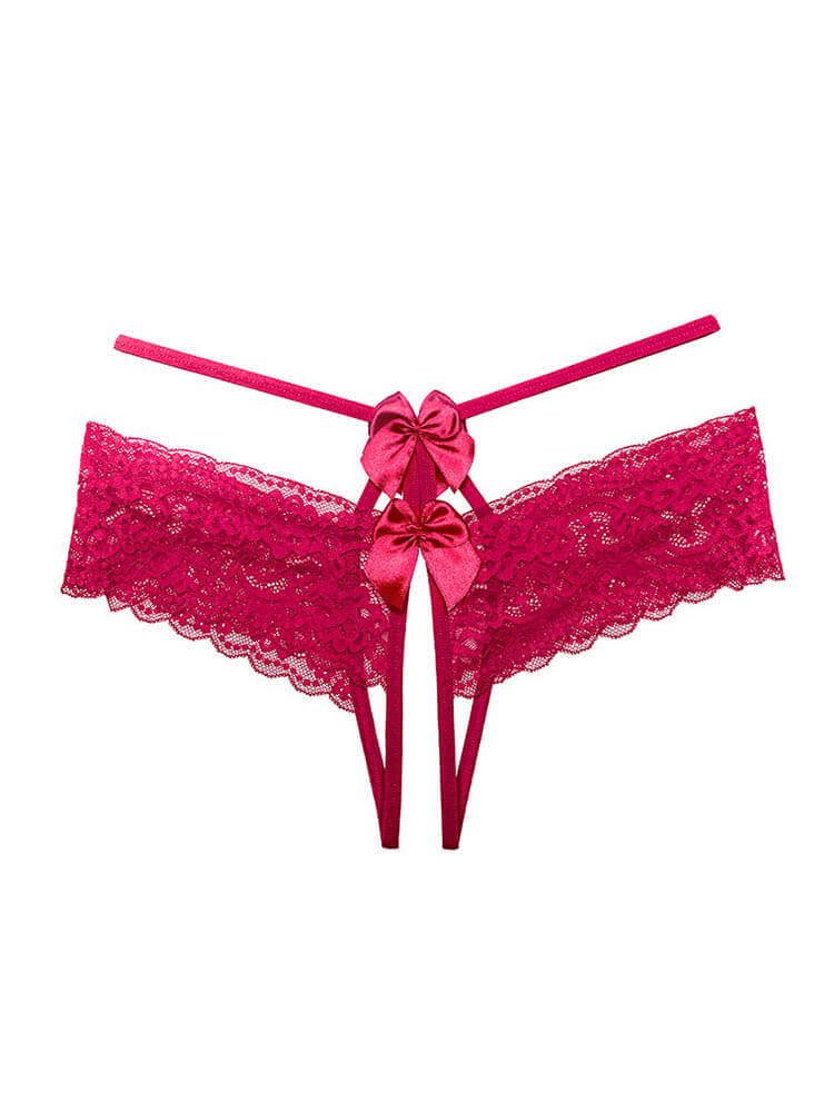 Sexy No-Remove Bow Lace Open Crotch Thong