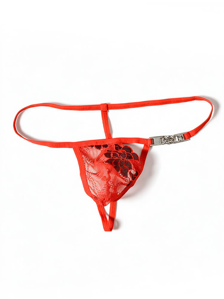 Men's Floral Embroidered Lace Metal Chain Thong