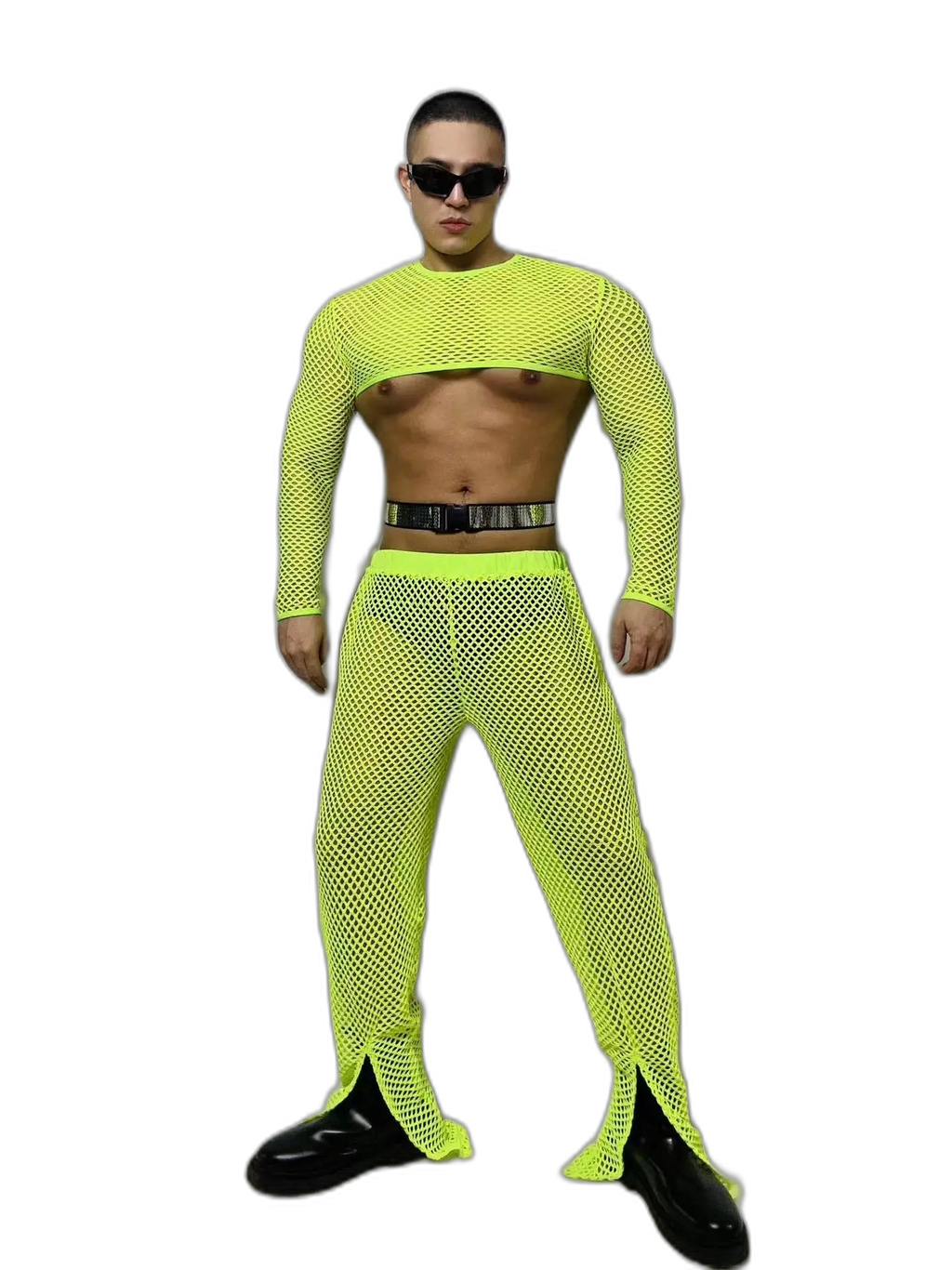 Fluorescent Fishnet See-Through Bodysuit Set