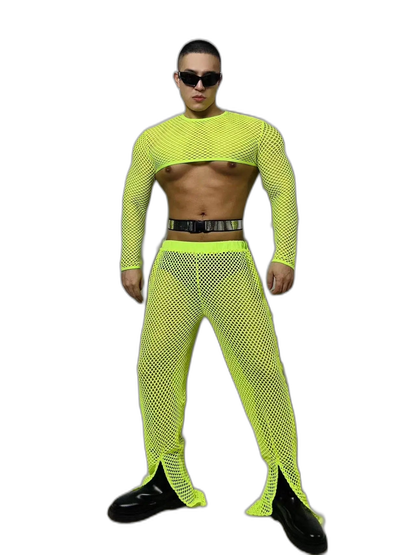 Fluorescent Fishnet See-Through Bodysuit Set