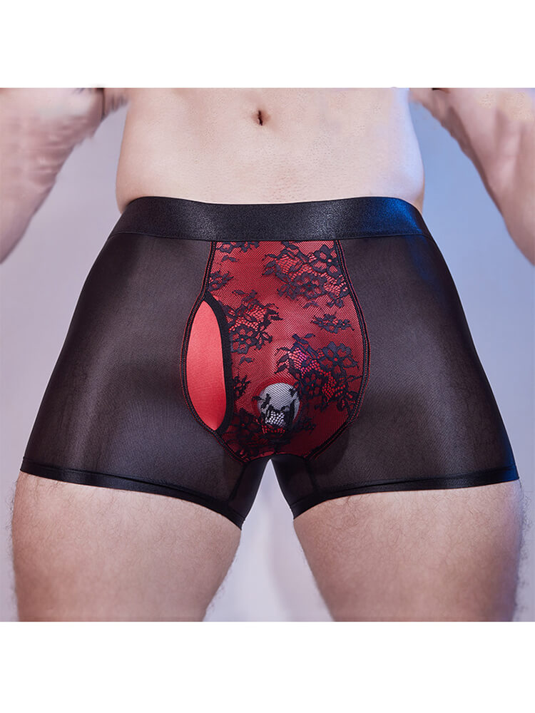 Men's Ultra-Thin Sexy Open Crotch Lace Boxer Briefs
