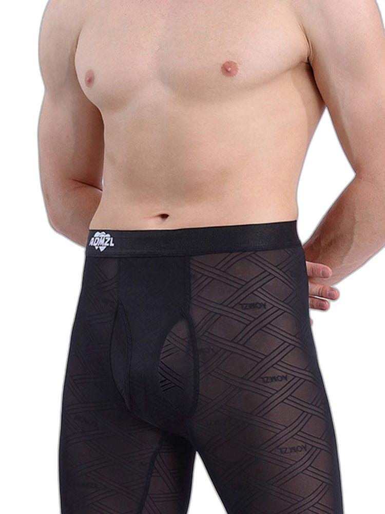 Men's Sexy Transparent Ice Silk Jacquard Seamless Tights Warm Pants