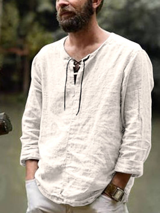 Men's Long-Sleeved Solid Color Loose Lace-Up Top