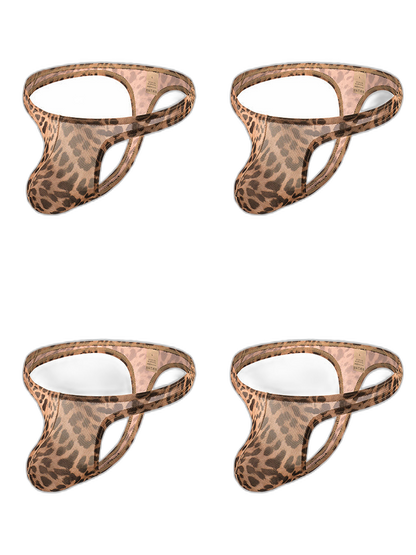 4 Pack Leopard Print See-through Mesh Thongs