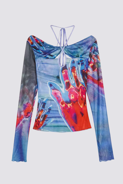 Acid Spark Off Shoulder Print Cutout Top
