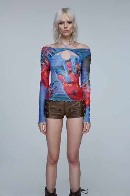 Acid Spark Off Shoulder Print Cutout Top
