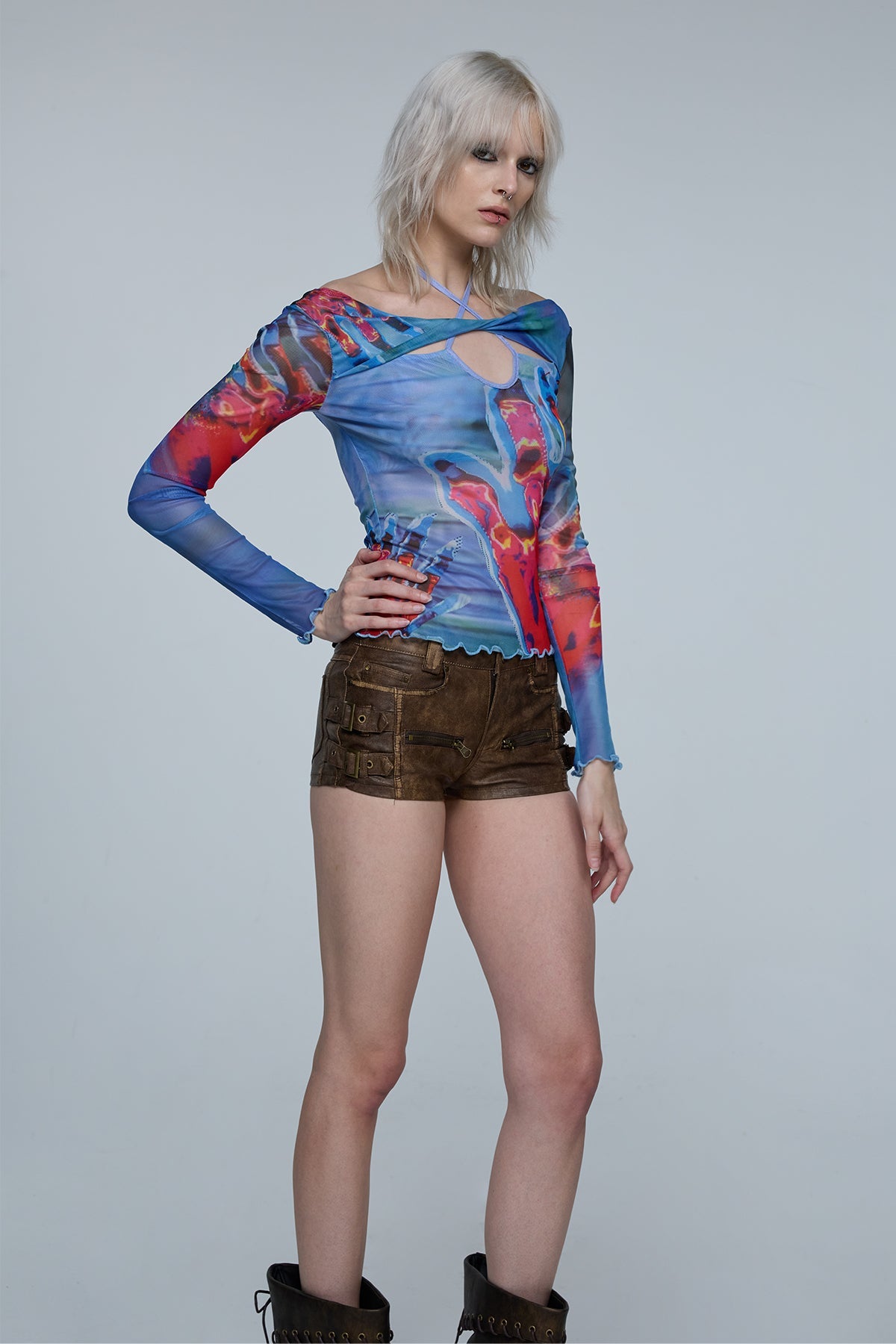 Acid Spark Off Shoulder Print Cutout Top
