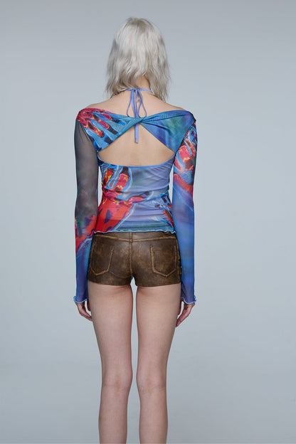 Acid Spark Off Shoulder Print Cutout Top