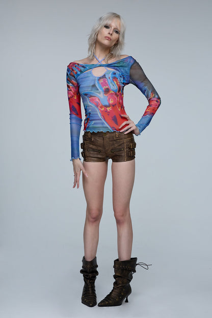 Acid Spark Off Shoulder Print Cutout Top