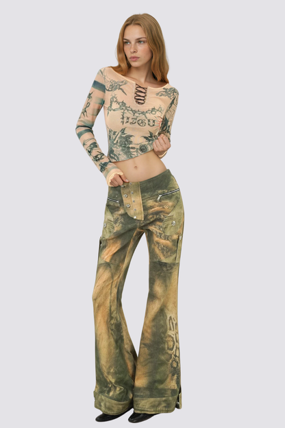 Air Mist Mesh Long Sleeve Print Crop Top