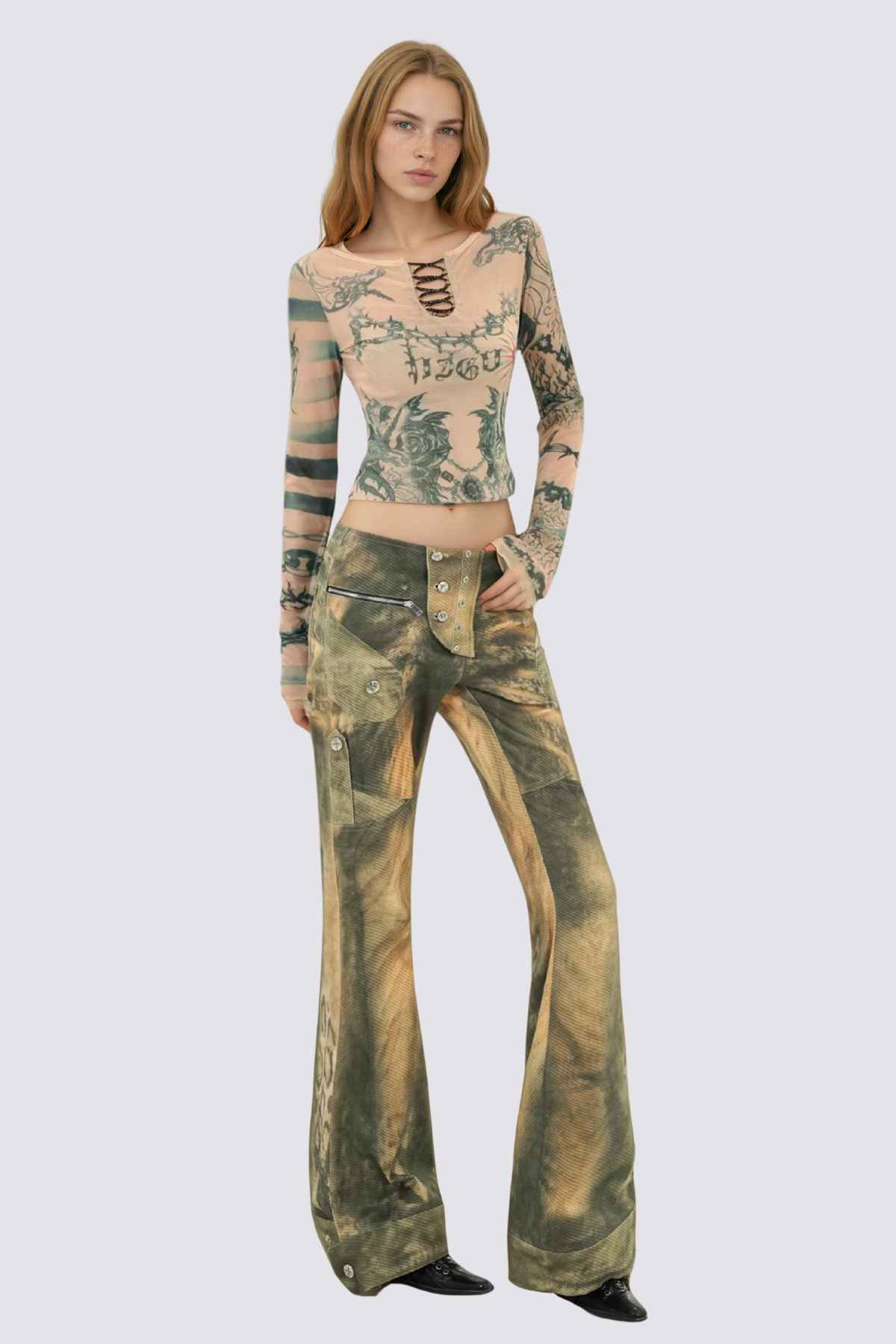 Air Mist Mesh Long Sleeve Print Crop Top