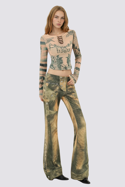 Air Mist Mesh Long Sleeve Print Crop Top