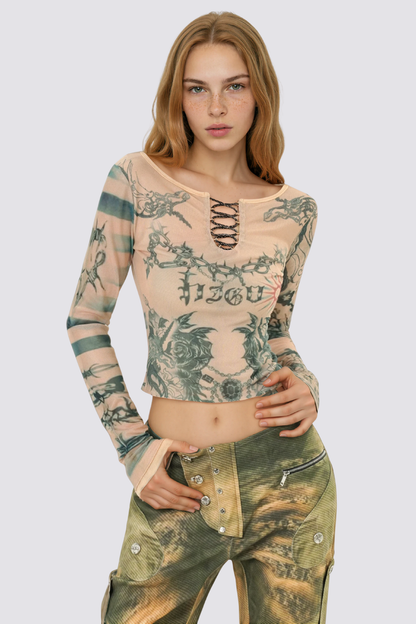 Air Mist Mesh Long Sleeve Print Crop Top