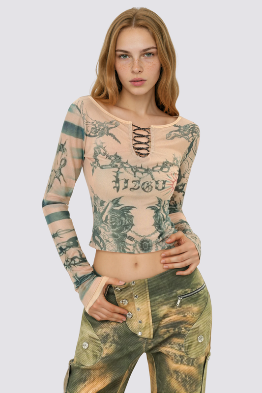 Air Mist Mesh Long Sleeve Print Crop Top