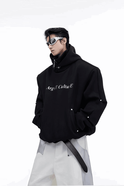 American Style Heavy Hooded Sweatshirt – High Collar, Shoulder Pads
