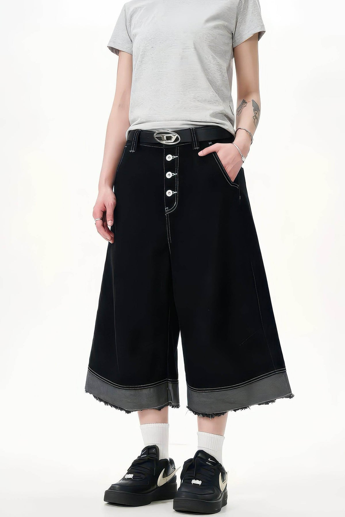 Button-Fly Cropped Jeans - Streetwear Washed Wide Leg Pants
