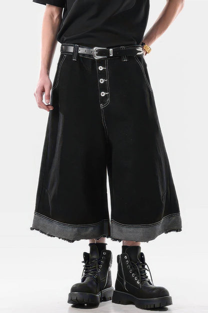 Button-Fly Cropped Jeans - Streetwear Washed Wide Leg Pants