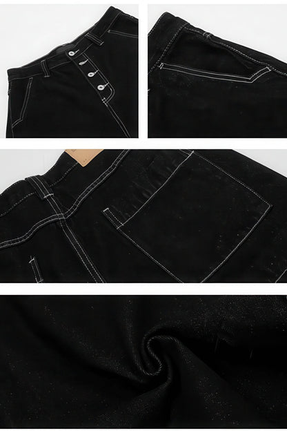 Button-Fly Cropped Jeans - Streetwear Washed Wide Leg Pants
