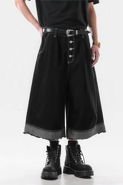 Button-Fly Cropped Jeans - Streetwear Washed Wide Leg Pants