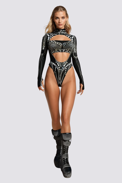 Basic Print Cutout Long Sleeve Bodysuit