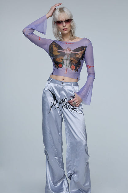 Binary Angel Mesh Long Sleeve Butterfly Crop Top