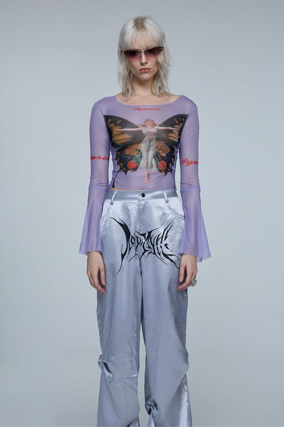 Binary Angel Mesh Long Sleeve Butterfly Crop Top