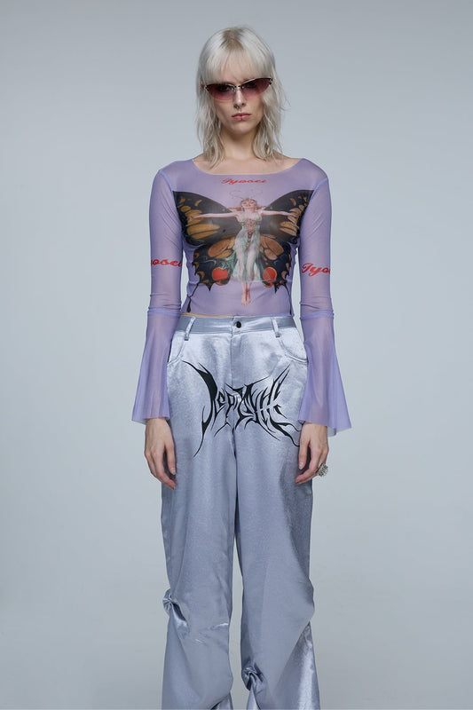 Binary Angel Mesh Long Sleeve Butterfly Crop Top