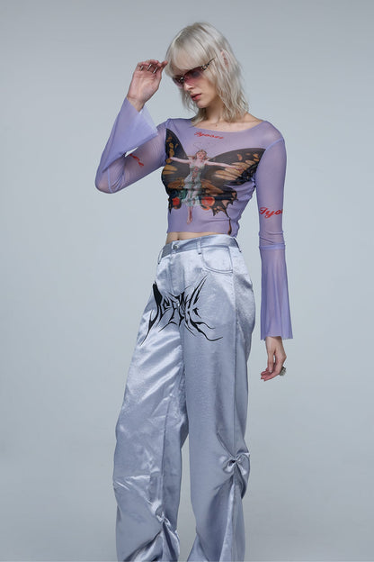 Binary Angel Mesh Long Sleeve Butterfly Crop Top