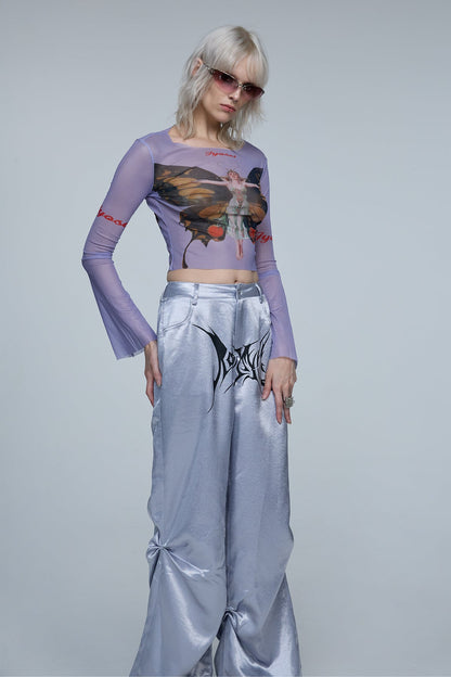 Binary Angel Mesh Long Sleeve Butterfly Crop Top