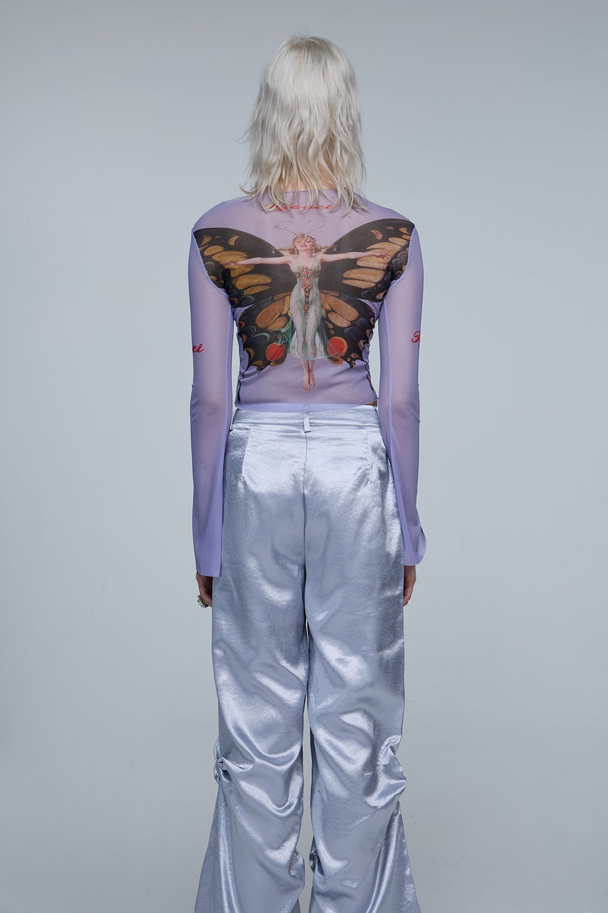 Binary Angel Mesh Long Sleeve Butterfly Crop Top