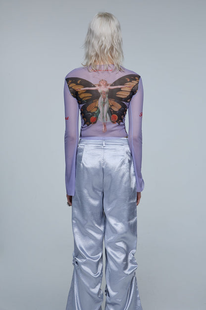 Binary Angel Mesh Long Sleeve Butterfly Crop Top
