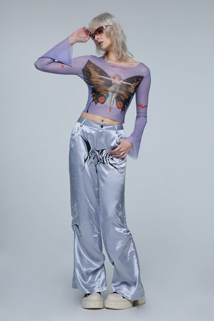 Binary Angel Mesh Long Sleeve Butterfly Crop Top
