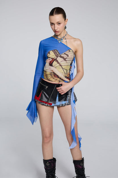 Binary Motif One Shoulder Print Top